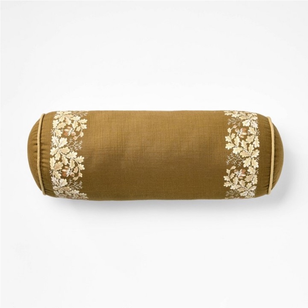 Olive Leaf Embroidered Bolster with Piping  
7”x18” -Studio McGee